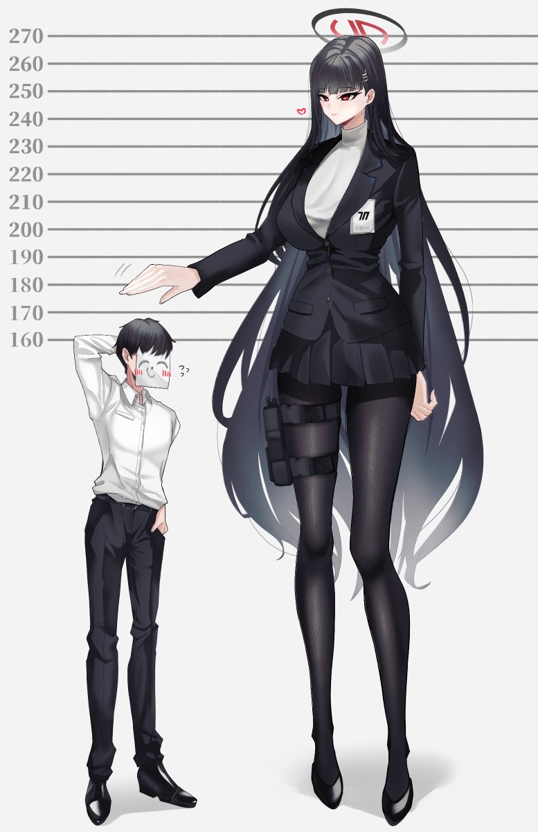 sensei (blue archive) tall female 1girl 1boy pantyhose halo height chart long hair  illustration images
