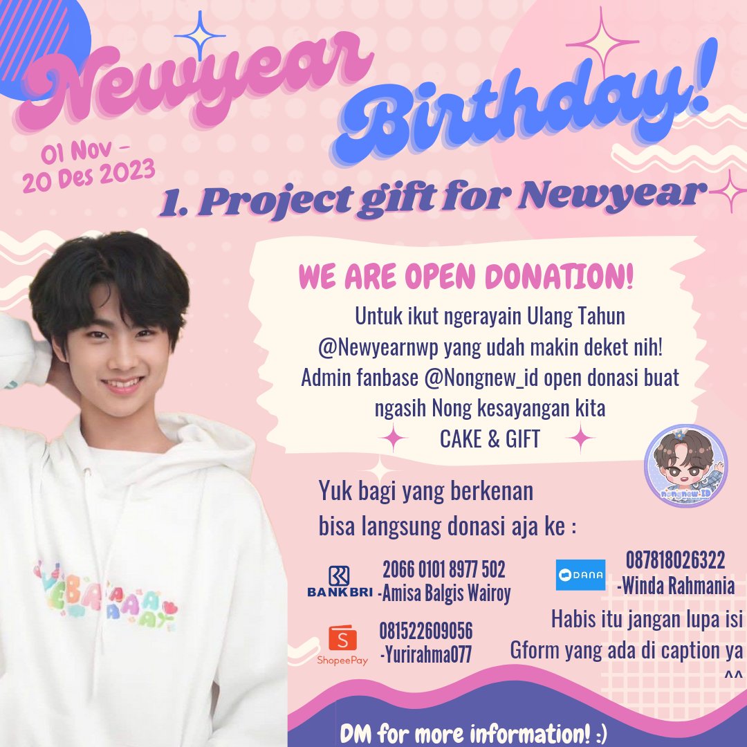 nongnew_id's tweet photo. Haloo Indonesian Fans! Yuk bareng-bareng kita rayain ulang tahun Newyear di tanggal 01 Januari 2024 nanti bareng admin @nongnew_id. 
Admin @nongnew_id ngadaiin First Mini Project buat ngasih cake&amp;gift + project greeting video dari Indonesian fans untuk Nong kesayangan kita.(tbc) https://t.co/qQOfi7XZkC