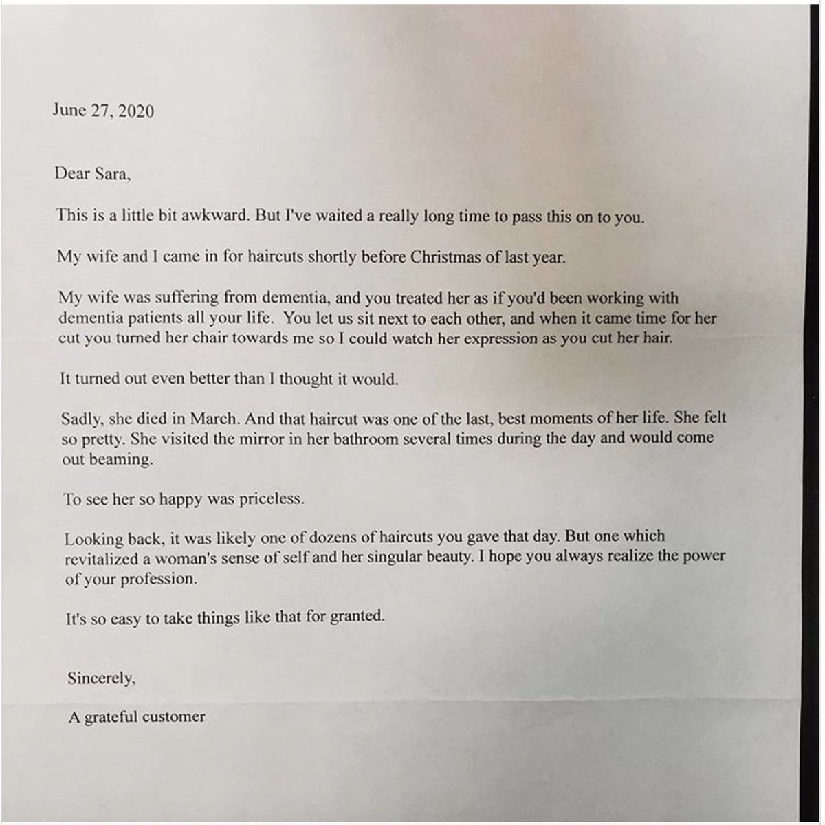 LEAD_Coalition's tweet photo. Woman with #dementia adored her haircut. Her husband's letter to the stylist is everything. https://t.co/e9f1Z6iNLr 

#Alzheimers #kindness #Thanksgiving https://t.co/VUSTmhOugO