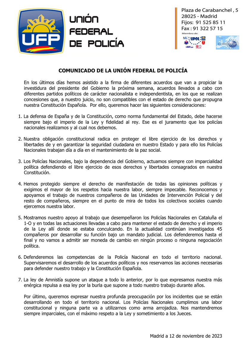 #UFP Comunica:

En los últimos días hemos asistido a la firma de diferentes acuerdos que van a propiciar la investidura del presidente del Gobierno la próxima semana, acuerdos llevados a cabo con diferentes partidos políticos de carácter nacionalista e independentista, en los que