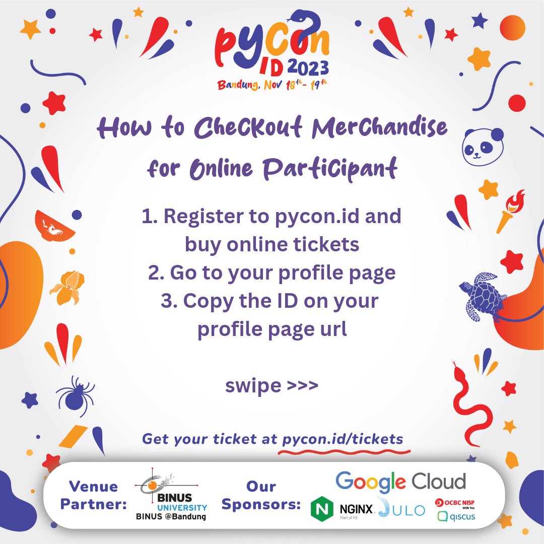 id_python's tweet image. Hello Online Pythonista!
You want the Merch Package? Please follow the step provided from the pictures below. The merch will be sent after the PreOrder session done.
Hurry up get your PyCon ID 2023 merch at pycon.id/onlinemerch
#PyCon #PyConID #PyConID2023 #Python #PythonID