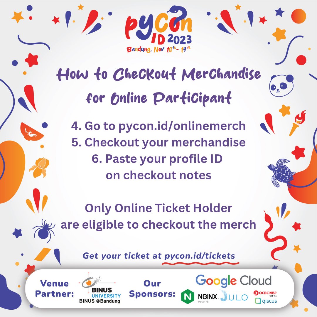 id_python's tweet image. Hello Online Pythonista!
You want the Merch Package? Please follow the step provided from the pictures below. The merch will be sent after the PreOrder session done.
Hurry up get your PyCon ID 2023 merch at pycon.id/onlinemerch
#PyCon #PyConID #PyConID2023 #Python #PythonID