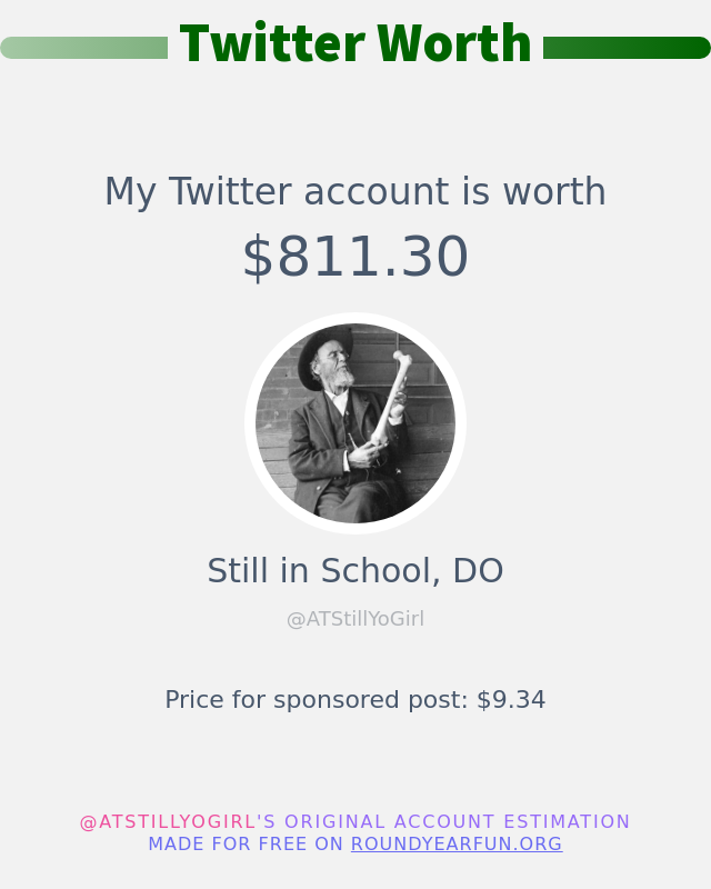 ATStillYoGirl's tweet photo. My Twitter worth is: $811.30

➡️ https://t.co/RdG7Oj4Hj1 https://t.co/zuTOxDEWGV