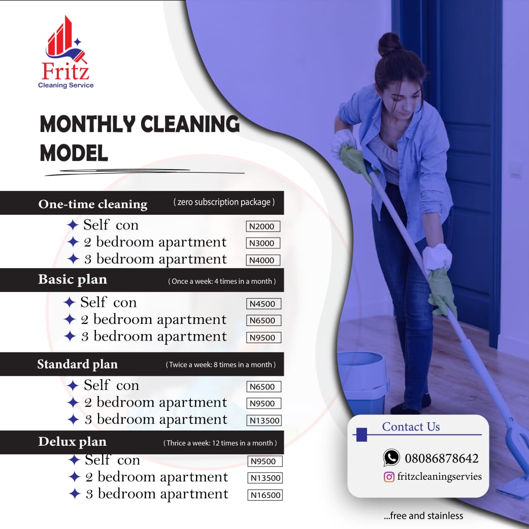 FritzCleaning's tweet photo. Hello @gold_olar How about we offer  you a  complimentary cleaning service?

we offer affordable cleaning service in ile-ife.

And if you follow us, we promise to follow you back too. https://t.co/V26tW4s0g8