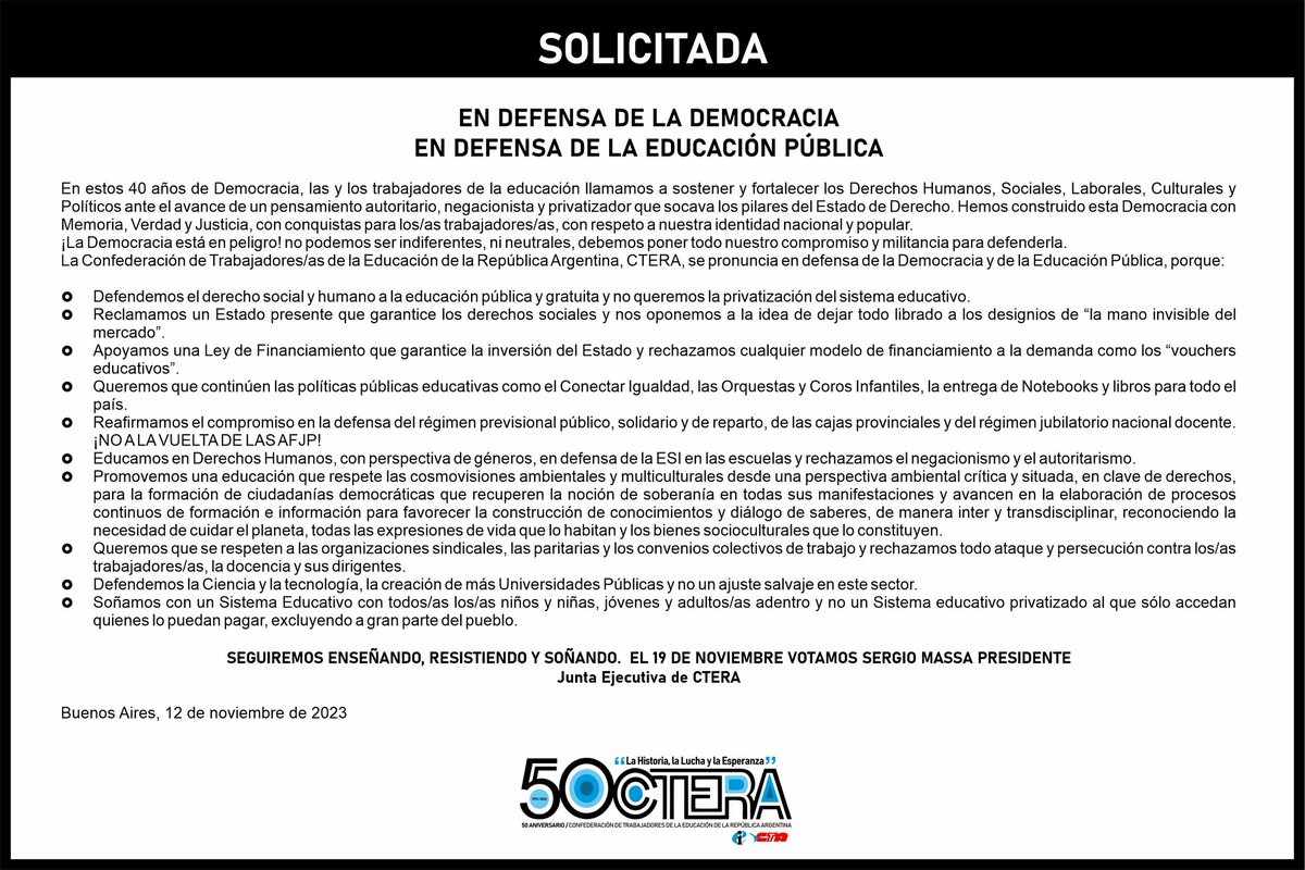 cteracta's tweet image. Solicitada de CTERA publicada hoy en el diario Página 12.
#EnDefensaDeLaDemocracia
#EnDefensaDeLaEducaciónPública
#CTERA