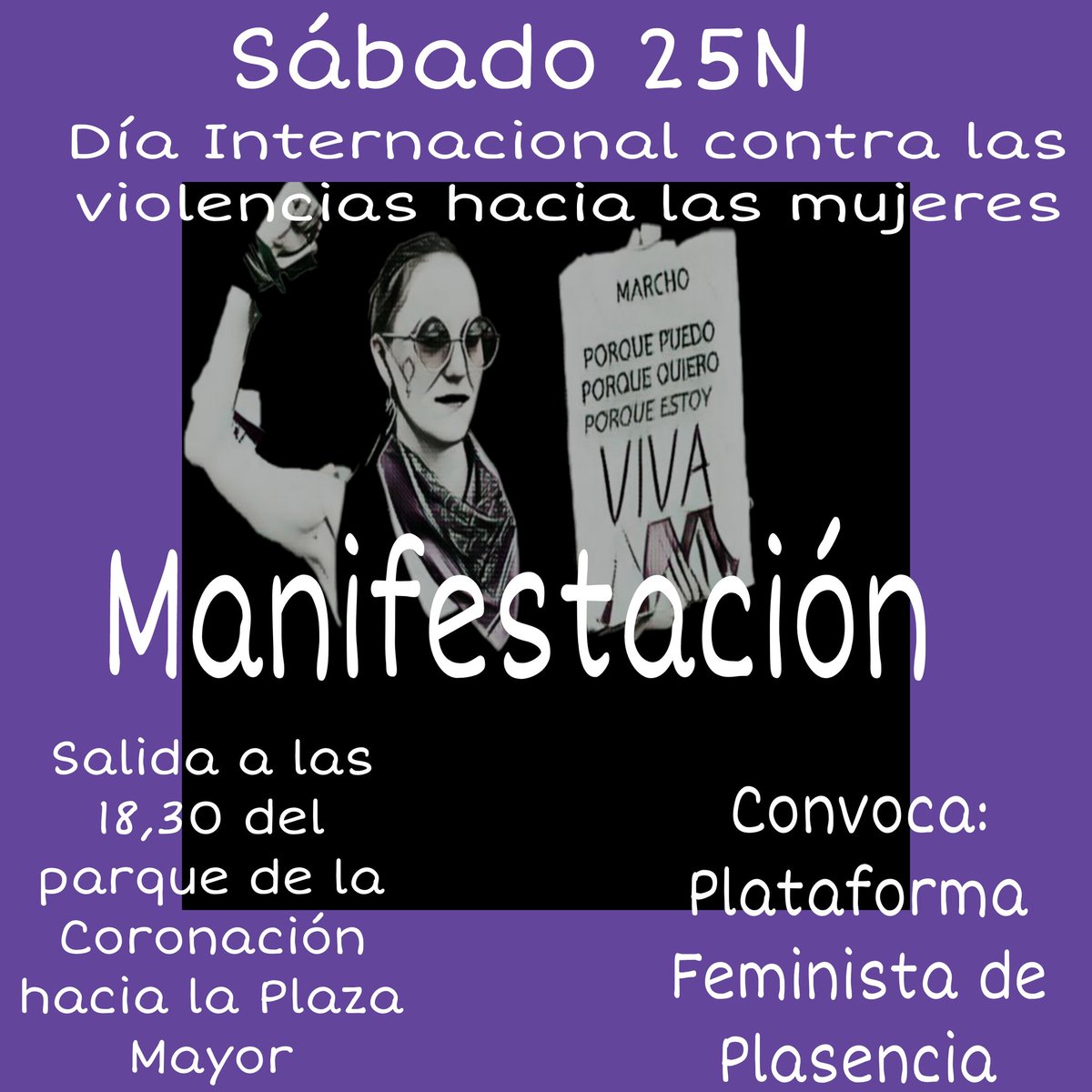 Plataformafemi3's tweet photo. El sábado 25N a las 18,30h 
saldremos desde el parque de la coronación hacia la plaza mayor, porque el silencio ya no es opción.
#Finalaviolenciamachista 💜 https://t.co/0zUvUaeAut