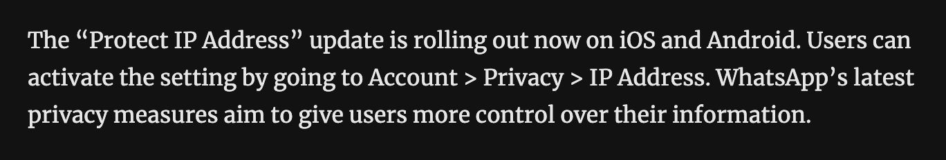 WhatsApp privacy with new call IP address hiding https://t.co/DHzr3nhonH (For me the process was: Settings > Privacy > Advanced > Protect IP address in calls) https://t.co/JichUzxdA1