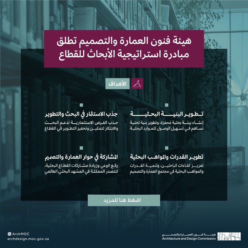 ArchMOC's tweet photo. سعياً لتطوير المحتوى في مجال العمارة والتصميم على المستوى الوطني والعالمي، نستهدف من خلال مبادرة #استراتيجية_الأبحاث في مجال العمارة والتصميم باتباع أولويات بحثية للقطاع.

للمزيد قم بتنزيل ملف الاستراتيجية 👇

#هيئة_فنون_العمارة_والتصميم