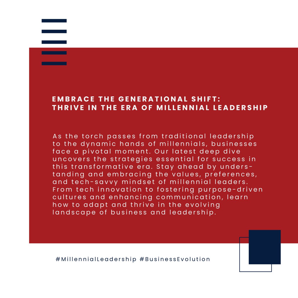 Thriving in today's business landscape means embracing change. As millennials ascend to leadership positions, staying relevant requires understanding their values, fostering a purpose-driven culture and leveraging digital innovation. #generationalshift #businessinnovation