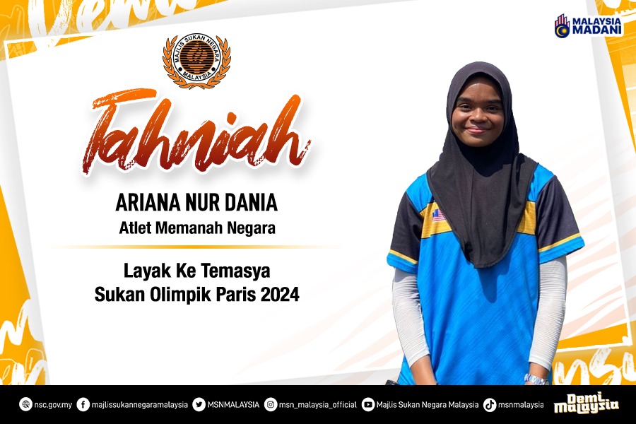 Tahniah dan syabas kepada Ariana Nur Dania Mohamad Zairi, atlet memanah atas kejayaan melayakkan diri ke Temasya Sukan Olimpik Paris 2024!