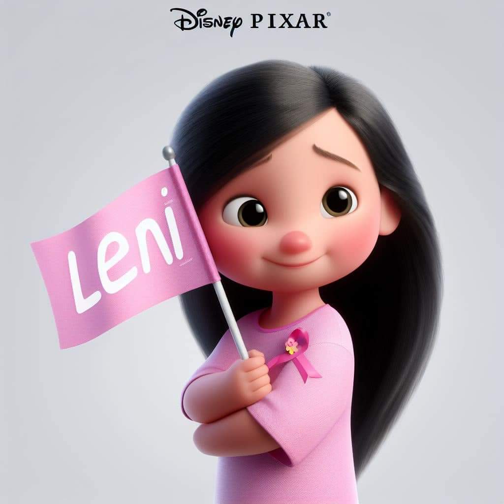 Disney pixar 3D animation poster with a title ‘LENI’. A motherly figure girl wearing a pink shirt with long black hair. She has a small pink ribbon on her chest. She is hugging the flag of hope. 💓

📷 Artwork: Archie Quibete