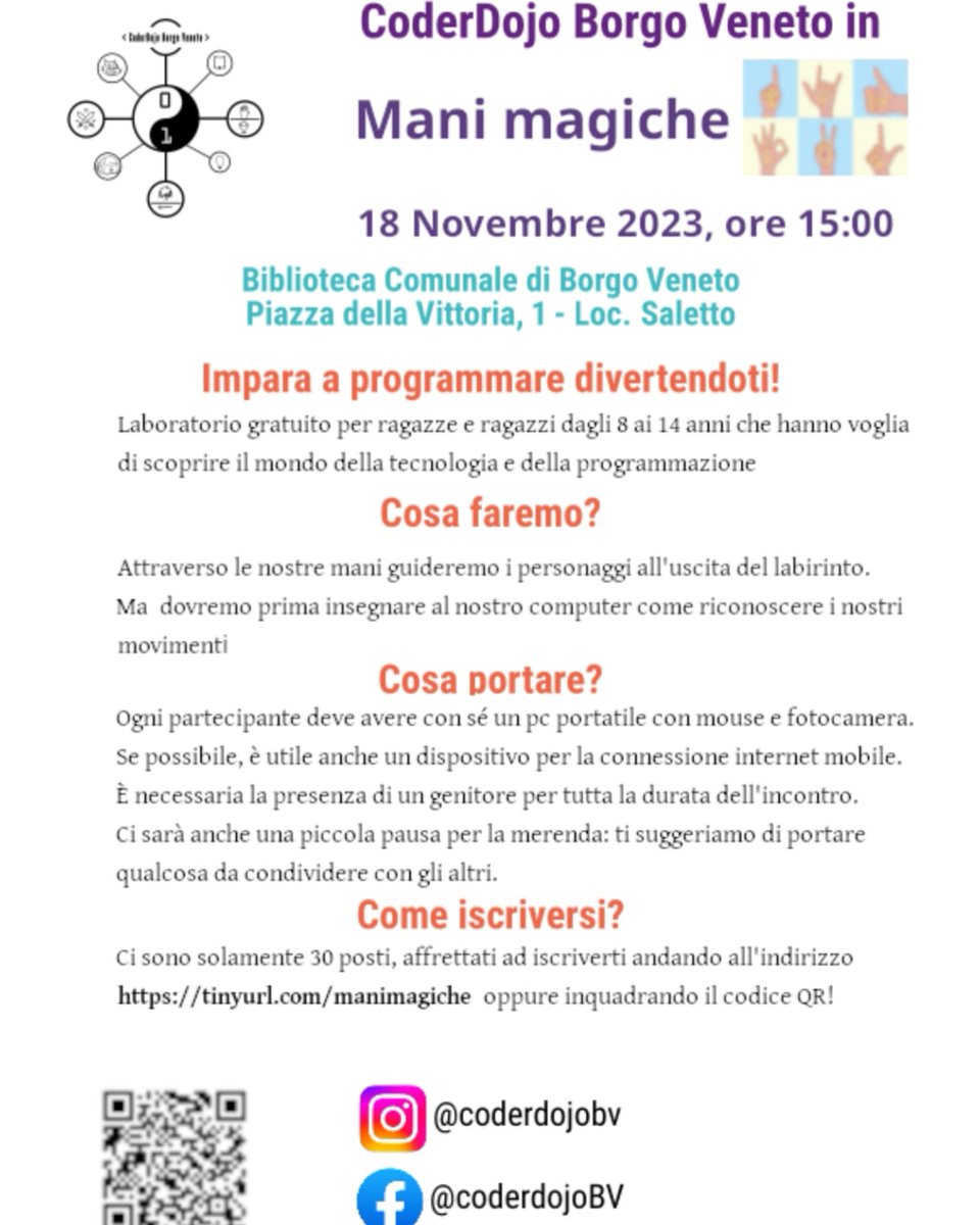 coderdojobv's tweet image. Nuova avventura per i nostri coders! Vi aspettiamo per insegnare a riconoscere i gesti delle nostre mani ai nostri pc! Iscrizioni qui:
tinyurl.com/manimagiche
Vi aspettiamo!
#Coding #Scratch #MachineLearning
#handpose #pictoblox