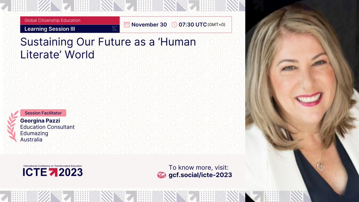CitizenshipFund's tweet photo. Lending an ear to humanity at the ICTE 2023!
👉Register here: https://t.co/RIlbxhK0xh 
📷Featuring Georgina Pazzi (@edumazing)
📌Session: “Sustaining Our Future as a ‘Human Literate’ World”
🗓️Date &amp; Time: Nov 30, 07:30 UTC
#ICTE2023 https://t.co/JPXLnRHSgB