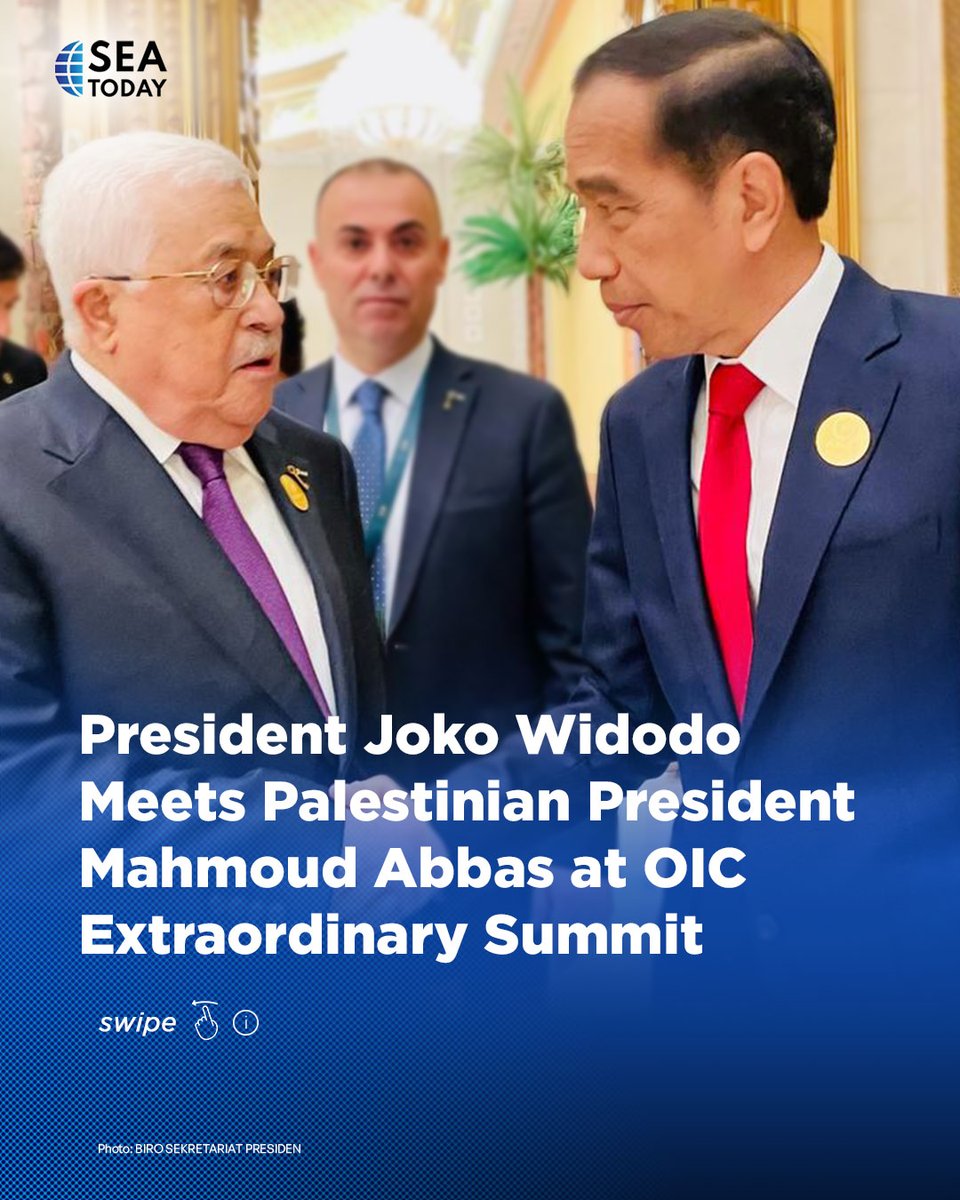 seatodaynews's tweet image. President Joko Widodo met with Palestinian President Mahmoud Abbas on the sidelines of the Extraordinary Organization of Islamic Cooperation Summit, which was held at the KAICC, Riyadh, Saudi Arabia, on Saturday, (11/11).

#SEATodayNews #Indonesia #OKI #Palestine #OICSummit
