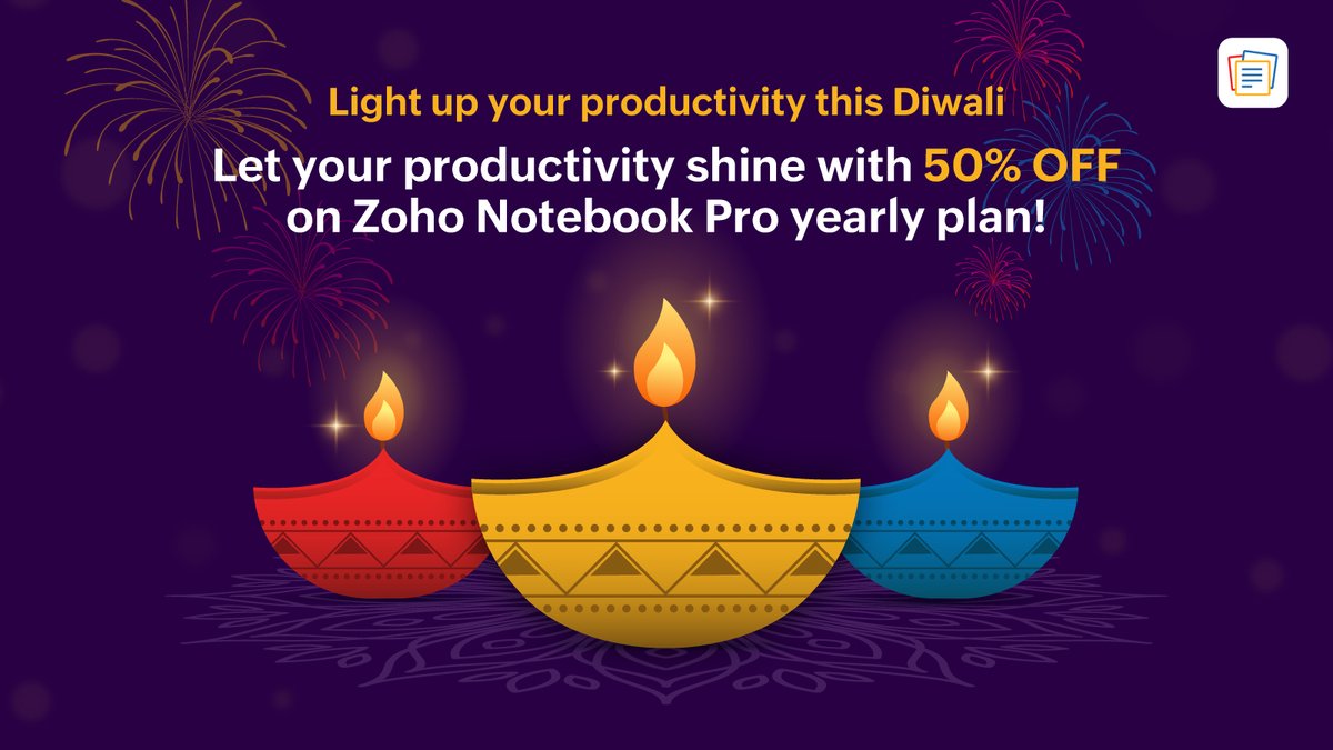ZohoNotebook's tweet image. This Diwali, may the light of joy illuminate your life! Let your productivity shine as brightly as the diyas with our exclusive 50% OFF on the #ZohoNotebook Pro yearly plan! Wishing you a prosperous and happy Diwali!
#HappyDiwali