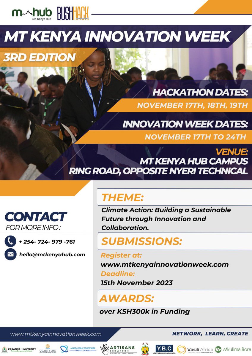 We will be hosting a number of dynamic and environmentally conscious startups and innovators in a week-long event of networking, showcasing and a hackathon challenge where winners will be awarded with a prize pool of KSH300k in funding 👨‍💻

To register: mtkenyainnovationweek.com