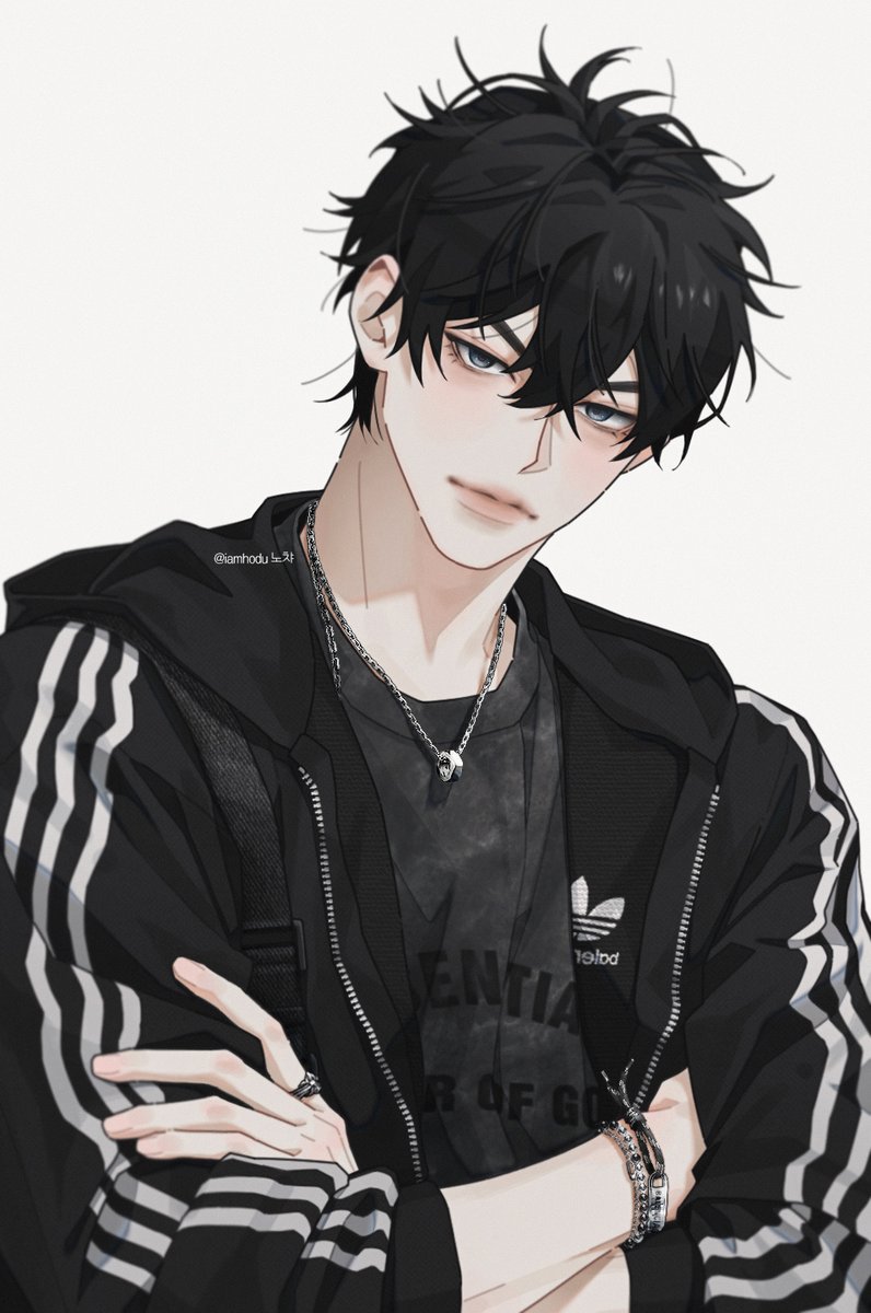 1boy male focus black hair solo jewelry jacket necklace  illustration images