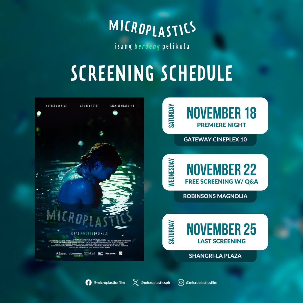 microplasticsph's tweet image. Our official screening schedule sa QCinema International Film Festival! Kita-kits mga ka-plastic! #MicroplasticsFIlm

Complete QCinema screening schedule: qcinema.ph/schedule/

*Schedule subject to change. Please check with the cinema on the day of screening.