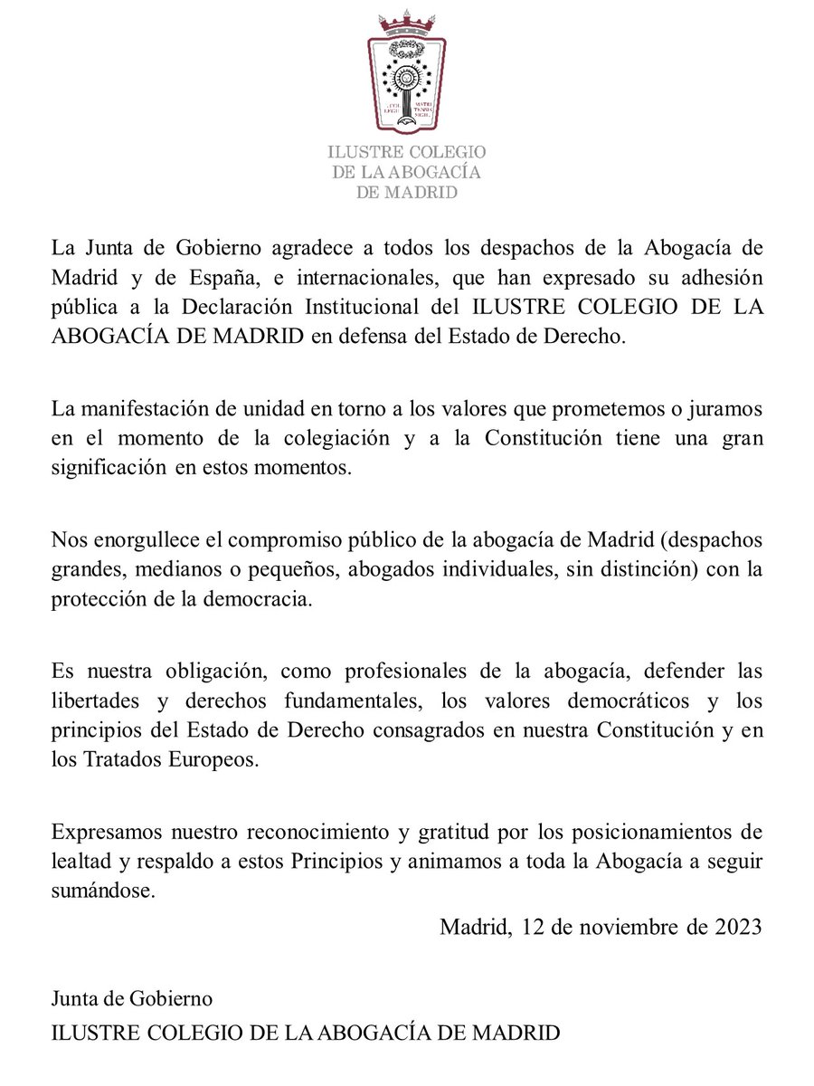 ❗️La Junta de Gobierno agradece a todos los despachos de la Abogacía de Madrid y de España, e internacionales, que han expresado su adhesión pública a la Declaración Institucional del #ICAM en defensa del #EstadodeDerecho.  

Comunicado oficial: