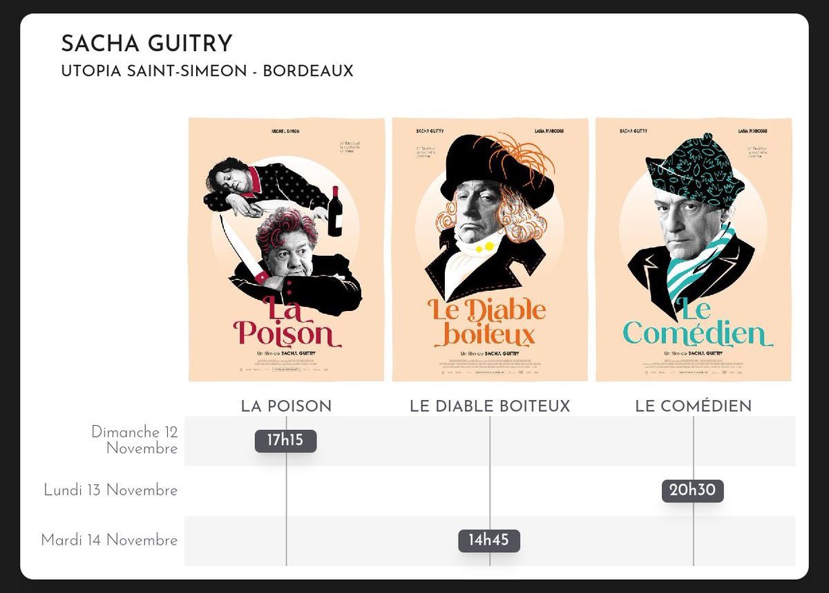 bobine_art's tweet photo. Avec la rétrospective que lui consacre @lesacaciasfilms  Sacha Guitry voit ses films diffusés dans toute la France !

Utopia Saint-Simeon à Bordeaux et Borderouge à Toulouse, Eldorado à Dijon, Diagonal Capitol à Montpellier et le Champo à Paris.

Le programme pour la semaine ⬇️ https://t.co/KxtCJGVpeT