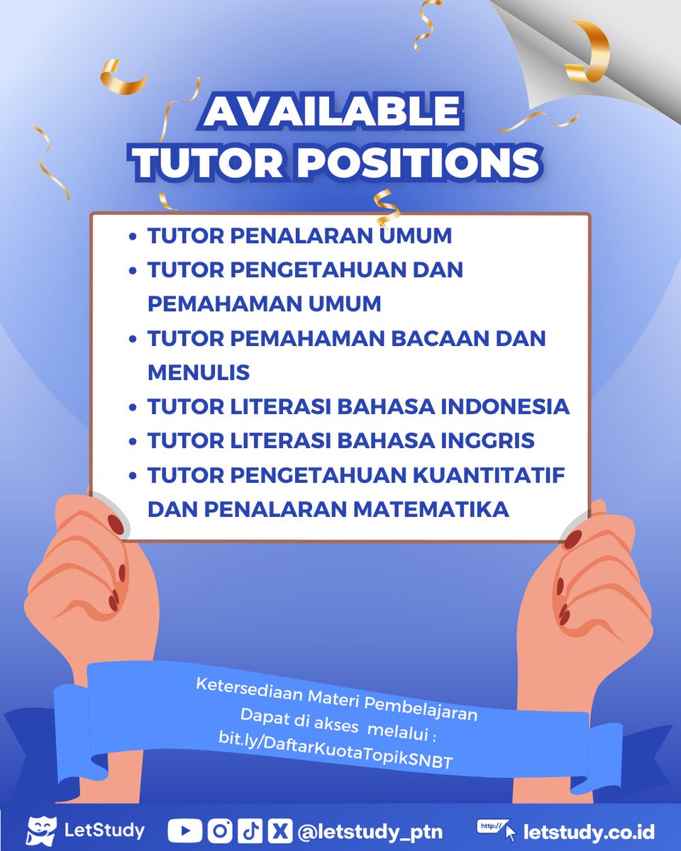 LetStudy_id's tweet photo. Saat ini LetStudy masih ada slot kosong untuk tutor pada Topik SNBT yang dapat di akses melalui https://t.co/TvsV4d2QUi

Ketika kamu daftar Tutor Bahan Pembelajaran Gratis, otomatis kamu juga terdaftar sebagai kandidat Tutor Privat LetStudy! Ataupun Kelas Akselerasi 😄 https://t.co/JdQYmqCItb