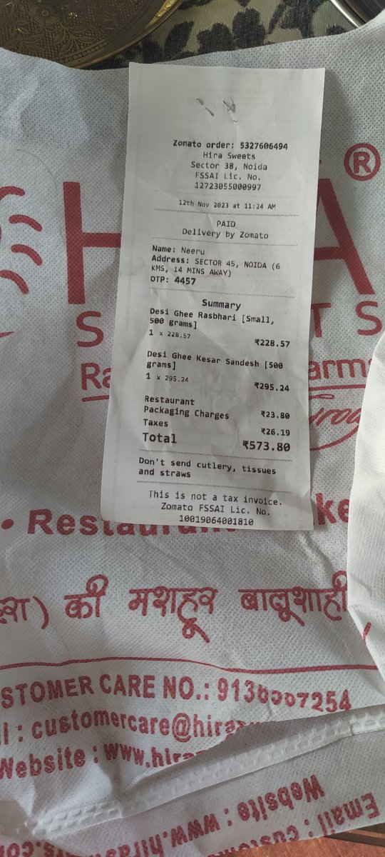 vidhitweet's tweet photo. @zomatocare 
@zomato 
Really Disappointed !!
Wrong mithai was delivered by delivery  person - Shivam Gupta &amp; the seal on boxes was broken and found open. 
This is not expected from Zomato. 
Kindly do the needful 
Order no- 5327606494
Delivery date - 12th Nov.
PFA the Receipt https://t.co/YyWAcXfjCb