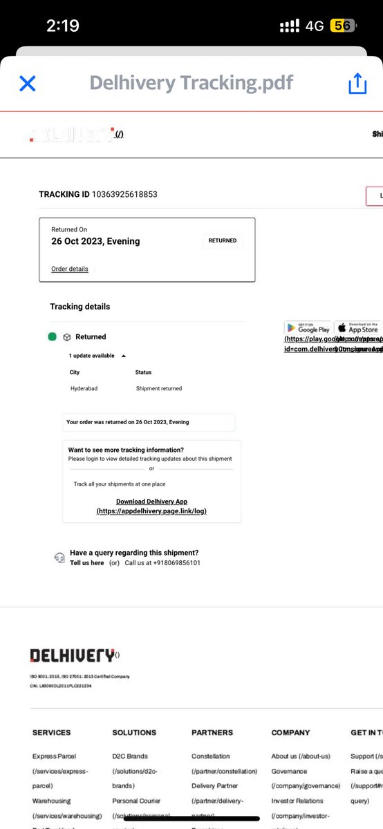 lokesh_dc's tweet photo. @JioMart_Support Still product is not yet delivered ? It’s already picked up on 22nd Oct 2023. In Delhivery courier web application it is showing delivered on 26th of Oct 2023, But still you guys are telling it is not yet delivered ! Please call back to me on this update. @JioMart https://t.co/jFeh5rpe5M