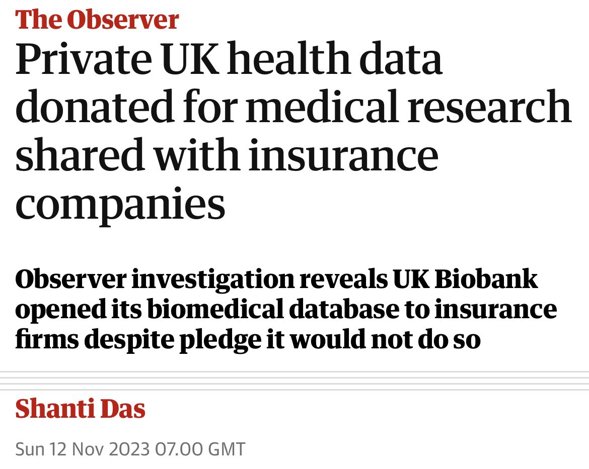 doctor_oxford's tweet image. When the UK Biobank was set up in 2006, the public was promised their sensitive health data would never be sold to insurance companies.

That was a lie. Volunteers’ data is being sold to private health insurers for profit.

A scandalous betrayal of trust.

theguardian.com/technology/202…