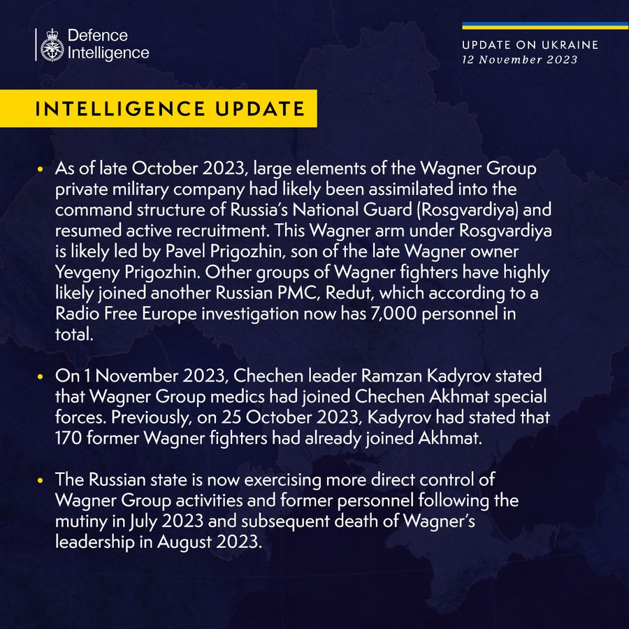 Latest Defence Intelligence update on the situation in Ukraine – 12 November 2023.