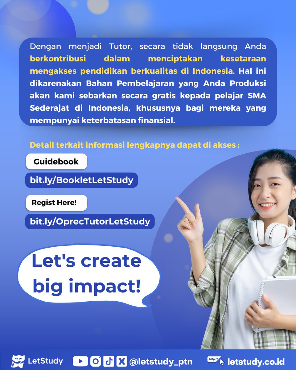 LetStudy_id's tweet photo. Yukk segera daftar! 😆

Inget, Ketika kamu menjadi tutor LetStudy 🧐

Bahan Pembelajaran yang kamu produksi akan kita bagikan secara gratis ke masyarakat sekitar melalui platform LetStudy 🤩

Ayok, kita ciptakan kesetaraan dalam mengakses pendidikan berkualitas ✨ https://t.co/KeiSbTCbrS