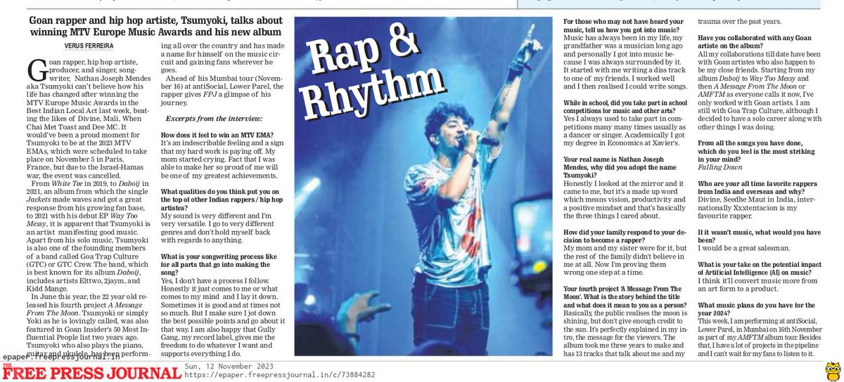 fpjindia's tweet photo. Goan Rapper And Hip Hop Artiste Tsumyoki (@YokiMafia) Talks About Winning MTV Europe Music Awards And His New Album
Interview by Verus Ferreira: https://t.co/POwVnLE5pH
#FPJWeekendJournal #SundayRead #weekend https://t.co/TmMd1TLLYu