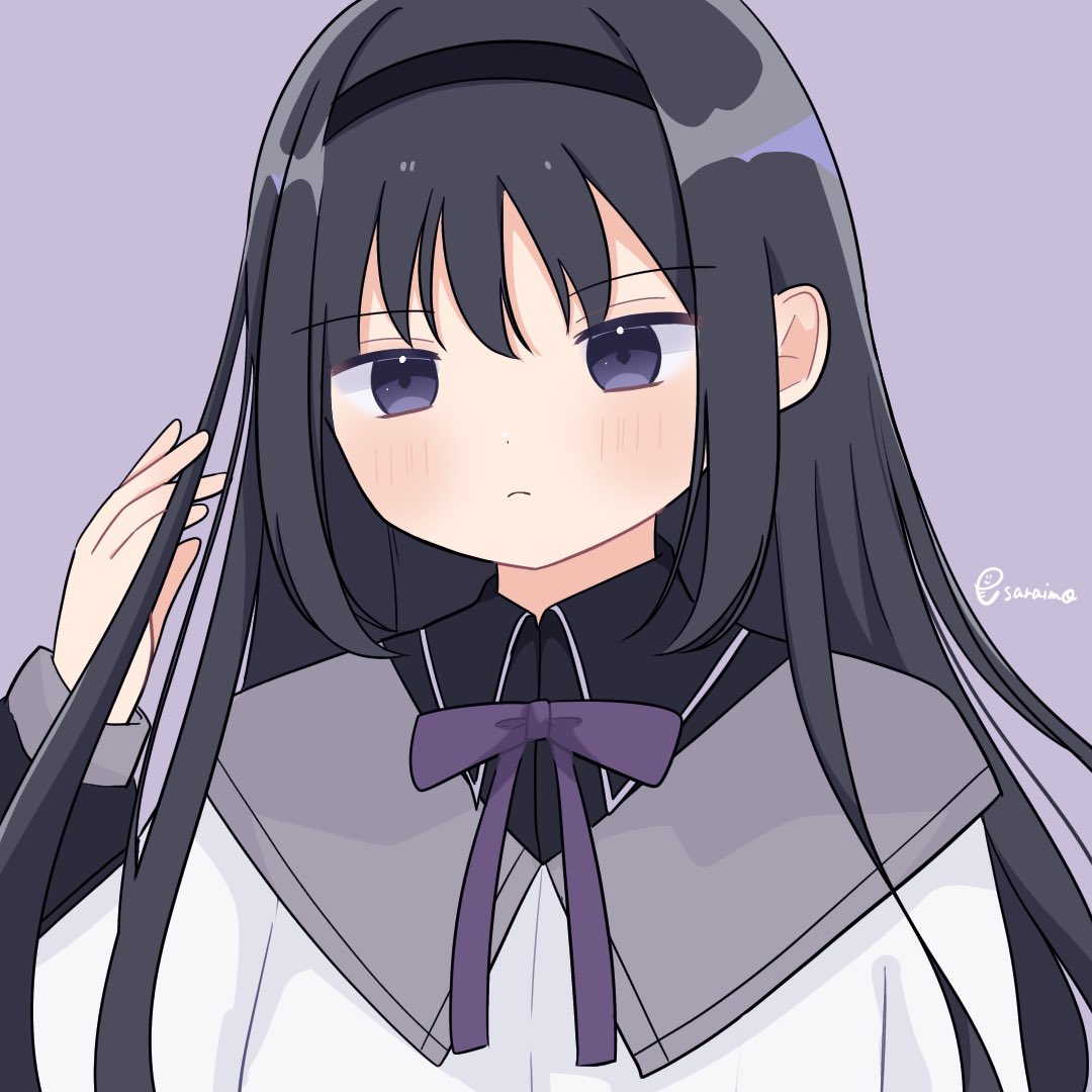 akemi homura 1girl solo long hair black hair hairband purple eyes simple background  illustration images
