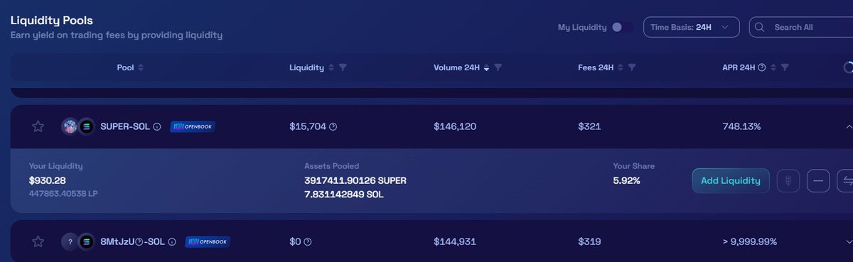 I added liquidity to $SUPER   <a href="/supertokensol/">Super Token Solana</a> 

APR   748%