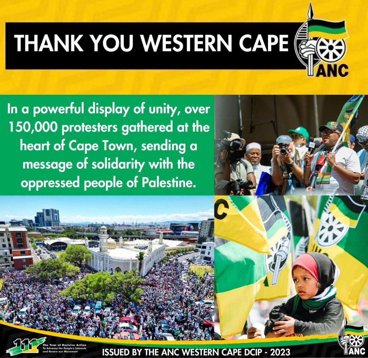 The ANC would like to say thank you to all the people that gathered yesterday and marched in solidarity with the Palestinian people. 

#ANC4Palestine 
#Africa4Palestine 
#World4Palestine 
#ANCStandsWithPalestine 
#FreePalestineFromIsrael