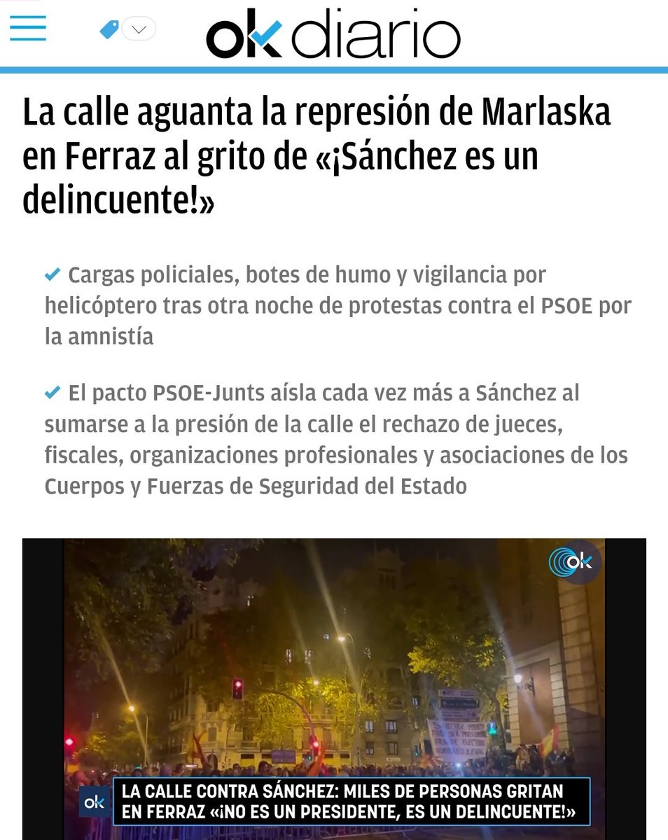 JosemaVallejo's tweet photo. No hay comercios cerrados para evitar saqueos, no hay mobiliario urbano destrozado; no hay heridos. Eso nos diferencia. Sigamos así.

A excepción de los lacrimógenos, que aún tenemos que averiguar quién dio la orden política, la actuación policial está siendo muy suave, ni un 1 en la escala de 0-10, pero, afortunadamente para ti, eres una persona normal; eres nuevo en esto de las "manifas" y te parece demasiado contundente.

¿Puede haber algún exceso de celo por parte de algún policía? Puede y seguro que alguno habrá. Todas las actuaciones se estudian después, pero que levanten a la gente del suelo o avancen para dispersar cuando llega la noche, es lo normal.

Hay un 99% de ciudadanos pacíficos y un 1% de imbéciles. No son policías infiltrados, os lo garantizo. Son ultras de distinto signo (izquierda y derecha) reventándolo todo. Lee los medios, alguno de esos que ante el golpe de estado separatista minimizaba los hechos, hoy busca encontrar la foto de la violencia. No seas tú el que colabore.

Las asociaciones policiales también han emitido todas comunicados en contra del gobierno y el desastre al que nos conduce y muchos nos estamos enfrentando a esto a cara descubierta. Los que estáis llamando "perros del sistema" o "cipayos" a los policías, solo estáis copiando el argumentario cutre de la izquierda abertzale y poniendo a su altura.

La acción de ayer se vio muy clara. Si estabas detrás de la primera línea es normal que no lo vieras venir, pero los cuatro chusma de siempre se pusieron a arrojar objetos a la Policía y a romper la barrera de protección. La Policía tomó distancia de seguridad y ni siquiera cargó. Avanzó la linea, recuperó la barrera y volvió a su posición.

Cuando todo el mundo sale corriendo, es lógico que exista cierto "pánico", algunos policías tienen que dispersar los grupos que no se mueven y puede que te pille allí.

Si crees que el policía tiene un detector, te equivocas. Lleva un casco con visión muy reducida. Siempre pagan justos por pecadores, porque el violento es un experto en disturbios y cuando el policía llega, ya no está allí para recibir gomazos. Solo quedas tú y estás en la línea que toca desplazar.

Cuando un agente recibe orden de cargar, obedece por la simple razón de que él no sabe si existe un compañero o toda una sección en peligro. No puede verlo y tiene que confiar en la decisión del mando. No hay visual entre los diferentes pelotones y secciones.

Igual que tú no ves quién es el violento que está en primera fila y crees que cargan contra ti, que eres pacífico, el policía tampoco. Como he dicho, tiene su movilidad y visión muy reducida por el equipamiento.

Los que gritan: "El 1-O yo te defendí", que no duden que las FFCCSS estarán a la altura como lo han estado siempre, pero si estáis esperando una revolución armada, un desastre o el cambio de rumbo por la vía de la fuerza, esperad sentados. Si estamos concentrándonos y manifestándonos es, precisamente, para evitar cometer los errores que en el pasado nos llevaron al desastre.

La defensa de España, de nuestra constitución, nuestras leyes y nuestra identidad y convivencia, merece lo mejor de nosotros mismos. 

Si no hay bengalas, botellazos ni se intenta quebrar la línea policial, no hay humo ni gomazos. Sean las 10 o las 3 de la madrugada, si no hay violencia, el dispositivo policial se hartará de avisar, pero nunca cargará.

Si hay bengalas y botellazos, caras tapadas, capuchas y máscaras, habrá gomazos y si te llevas uno, aguanta, piensa por qué estás allí y responsabiliza al responsable, no al padre de familia que, cuando se quite el uniforme, estará a tu lado en esa misma concentración.