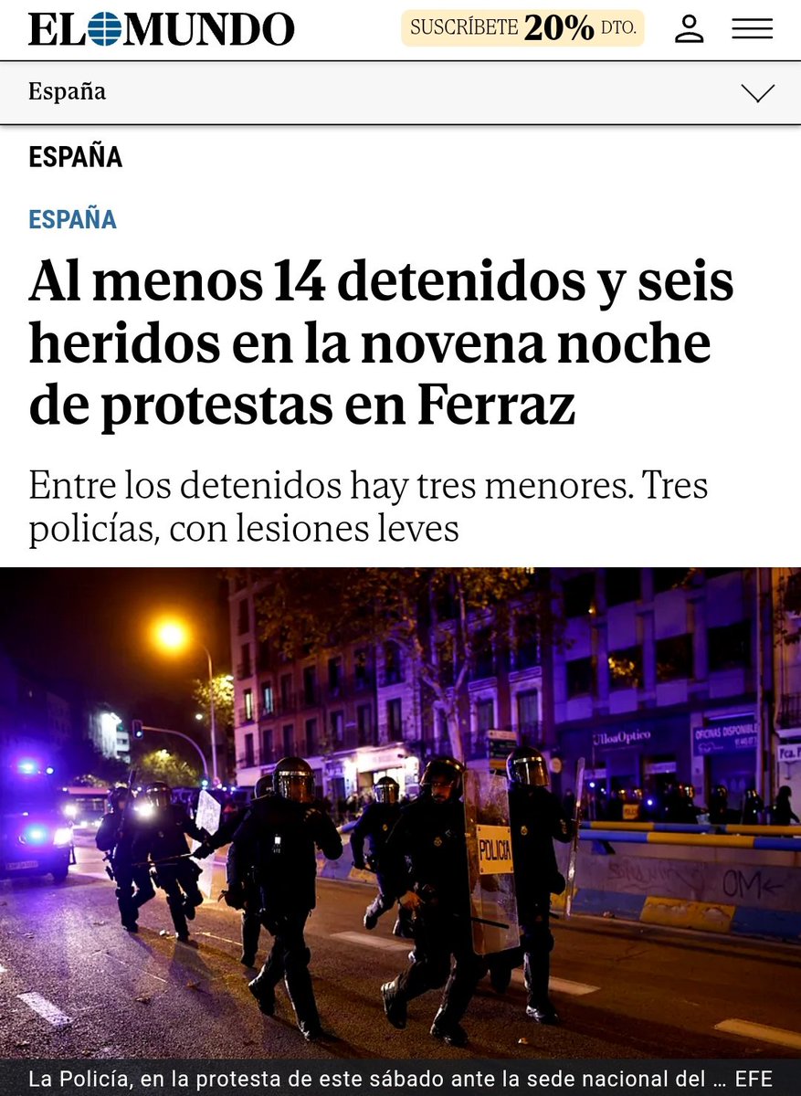 JosemaVallejo's tweet photo. No hay comercios cerrados para evitar saqueos, no hay mobiliario urbano destrozado; no hay heridos. Eso nos diferencia. Sigamos así.

A excepción de los lacrimógenos, que aún tenemos que averiguar quién dio la orden política, la actuación policial está siendo muy suave, ni un 1 en la escala de 0-10, pero, afortunadamente para ti, eres una persona normal; eres nuevo en esto de las "manifas" y te parece demasiado contundente.

¿Puede haber algún exceso de celo por parte de algún policía? Puede y seguro que alguno habrá. Todas las actuaciones se estudian después, pero que levanten a la gente del suelo o avancen para dispersar cuando llega la noche, es lo normal.

Hay un 99% de ciudadanos pacíficos y un 1% de imbéciles. No son policías infiltrados, os lo garantizo. Son ultras de distinto signo (izquierda y derecha) reventándolo todo. Lee los medios, alguno de esos que ante el golpe de estado separatista minimizaba los hechos, hoy busca encontrar la foto de la violencia. No seas tú el que colabore.

Las asociaciones policiales también han emitido todas comunicados en contra del gobierno y el desastre al que nos conduce y muchos nos estamos enfrentando a esto a cara descubierta. Los que estáis llamando "perros del sistema" o "cipayos" a los policías, solo estáis copiando el argumentario cutre de la izquierda abertzale y poniendo a su altura.

La acción de ayer se vio muy clara. Si estabas detrás de la primera línea es normal que no lo vieras venir, pero los cuatro chusma de siempre se pusieron a arrojar objetos a la Policía y a romper la barrera de protección. La Policía tomó distancia de seguridad y ni siquiera cargó. Avanzó la linea, recuperó la barrera y volvió a su posición.

Cuando todo el mundo sale corriendo, es lógico que exista cierto "pánico", algunos policías tienen que dispersar los grupos que no se mueven y puede que te pille allí.

Si crees que el policía tiene un detector, te equivocas. Lleva un casco con visión muy reducida. Siempre pagan justos por pecadores, porque el violento es un experto en disturbios y cuando el policía llega, ya no está allí para recibir gomazos. Solo quedas tú y estás en la línea que toca desplazar.

Cuando un agente recibe orden de cargar, obedece por la simple razón de que él no sabe si existe un compañero o toda una sección en peligro. No puede verlo y tiene que confiar en la decisión del mando. No hay visual entre los diferentes pelotones y secciones.

Igual que tú no ves quién es el violento que está en primera fila y crees que cargan contra ti, que eres pacífico, el policía tampoco. Como he dicho, tiene su movilidad y visión muy reducida por el equipamiento.

Los que gritan: "El 1-O yo te defendí", que no duden que las FFCCSS estarán a la altura como lo han estado siempre, pero si estáis esperando una revolución armada, un desastre o el cambio de rumbo por la vía de la fuerza, esperad sentados. Si estamos concentrándonos y manifestándonos es, precisamente, para evitar cometer los errores que en el pasado nos llevaron al desastre.

La defensa de España, de nuestra constitución, nuestras leyes y nuestra identidad y convivencia, merece lo mejor de nosotros mismos. 

Si no hay bengalas, botellazos ni se intenta quebrar la línea policial, no hay humo ni gomazos. Sean las 10 o las 3 de la madrugada, si no hay violencia, el dispositivo policial se hartará de avisar, pero nunca cargará.

Si hay bengalas y botellazos, caras tapadas, capuchas y máscaras, habrá gomazos y si te llevas uno, aguanta, piensa por qué estás allí y responsabiliza al responsable, no al padre de familia que, cuando se quite el uniforme, estará a tu lado en esa misma concentración.