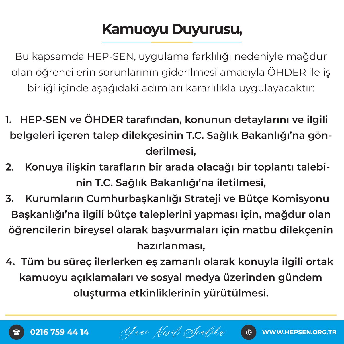 Değerli öğrenci arkadaşlarımız,
Ulusal staj programı kapsamında yaşadığınız ödeme probleminin takipçisi olacağız.
HEP-SEN, hep seninle!

#StajyerSağlıkçıMağdur