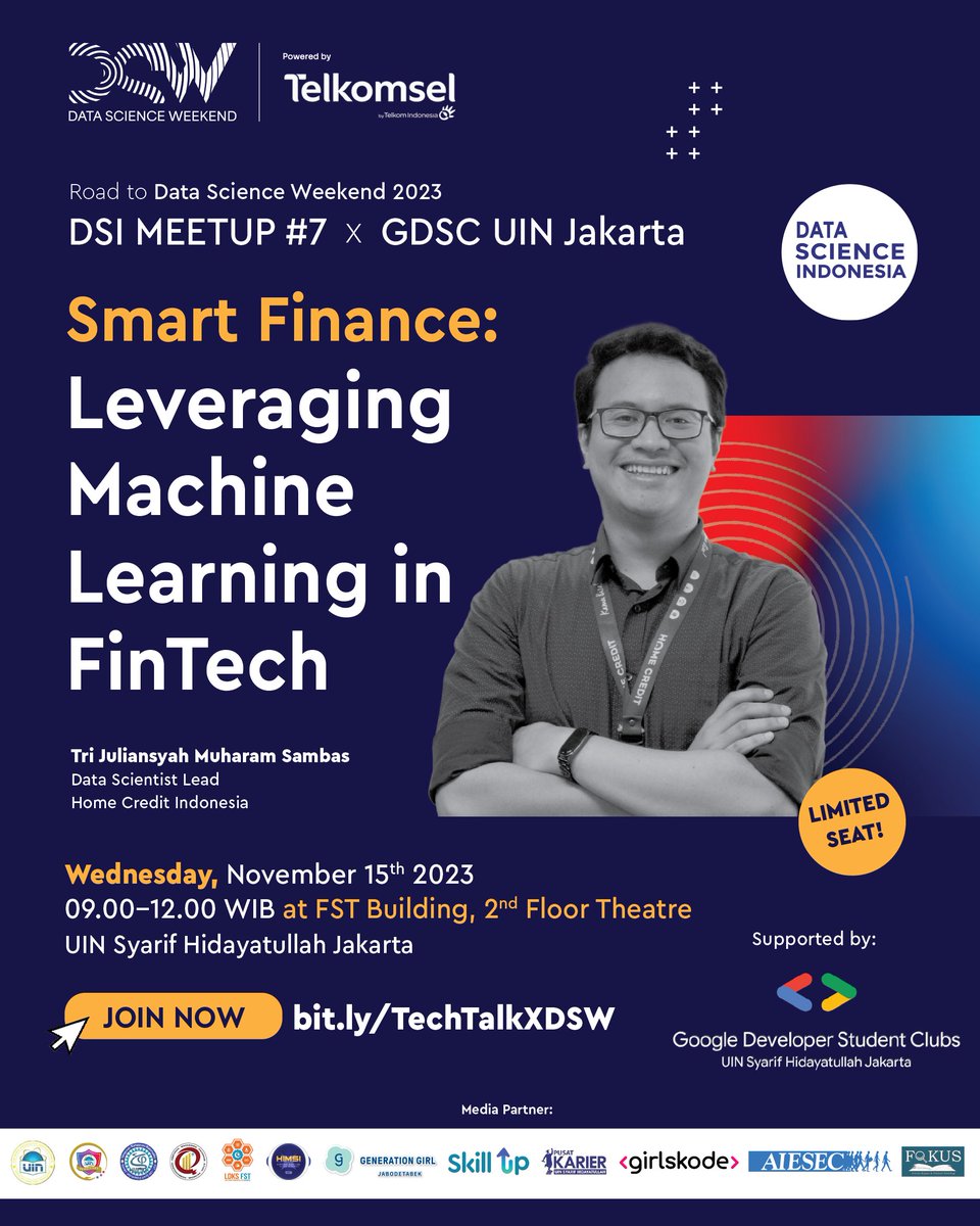 [DSI Meetup x Tech Talk] DSI Meetup x GDSC UIN Jakarta - Smart Finance: Leveraging Machine Learning in FinTech

Register at: bit.ly/TechTalkXDSW

So, what are you waiting for? Register and prepare yourself!!

#gdscuinjkt #gdsc #googledevelopers #gdsc2023 #techtalk #googledev