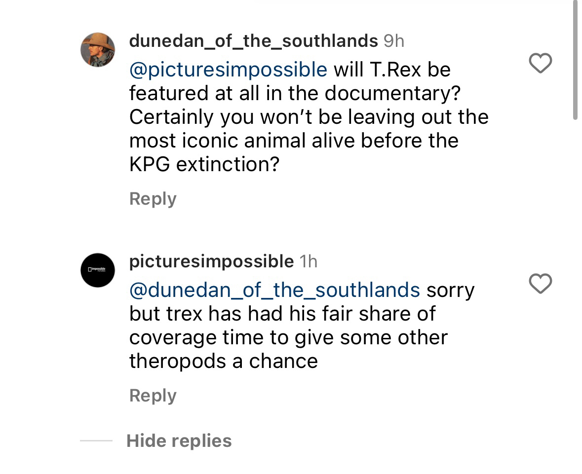 knight_Steve_'s tweet photo. So it seems that T. rex will not be making appearance in the upcoming paleo documentary Surviving Earth. Reason being that it appeared in far too much documentaries and that other theropods should get more spotlight.
Honestly thats a nice break from traditions and tropes https://t.co/UTZGqc6huK