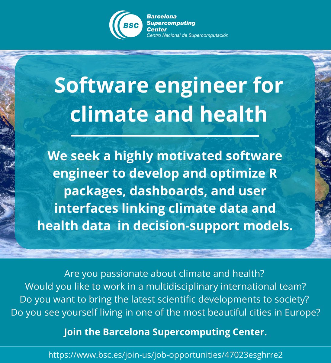 drrachellowe's tweet image. Just 4 days left to apply to join the @BSC_CNS Earth Sciences Data Diagnostics and Global Health Resilience teams to co-develop software solutions for climate-health projects @wellcometrust #HARMONIZE_tools #IDExtremes 
@IDAlertproject 
 Please share 💌

bsc.es/join-us/job-op…