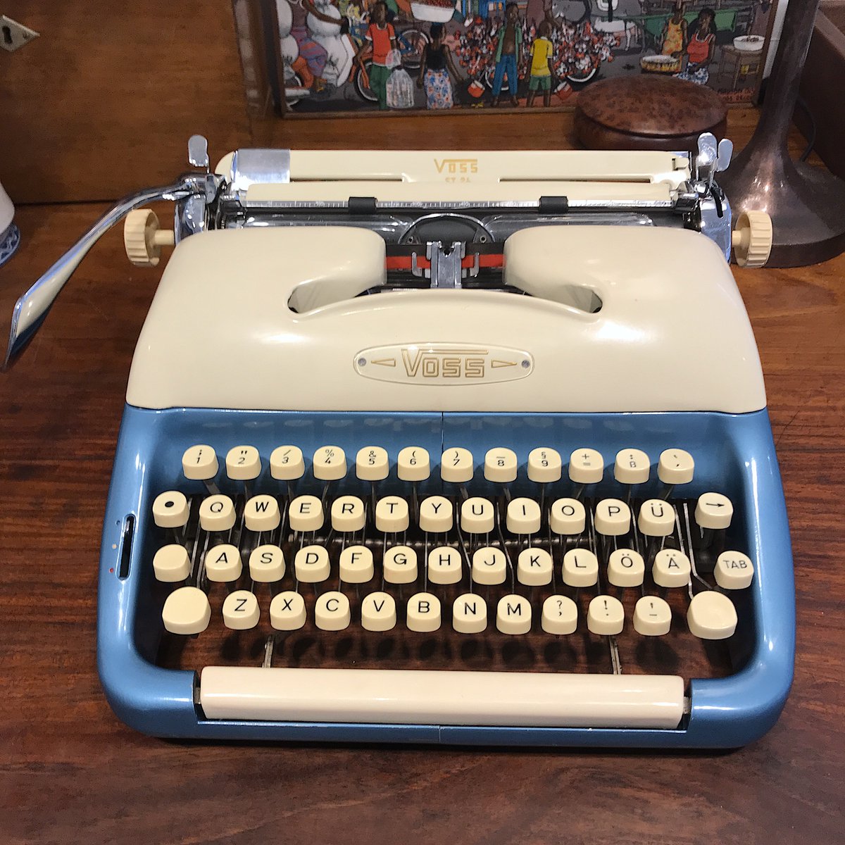 Voss typewriters were only produced between 1948 and 1965. They are highly regarded for their exceptionally high-quality construction and their superb technical and aesthetic design. We have one now available at Acme in a stunning two-tone, blue and cream colour. 
#typewriter