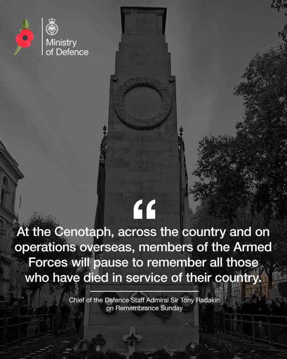 The Armed Forces will join the Royal Family and military veterans to mark Remembrance Sunday at the Cenotaph today. Chief of the Defence Staff Admiral Sir Tony Radakin will lay a wreath alongside the chiefs of the Royal Navy, British Army and Royal Air Force. #LestWeForget