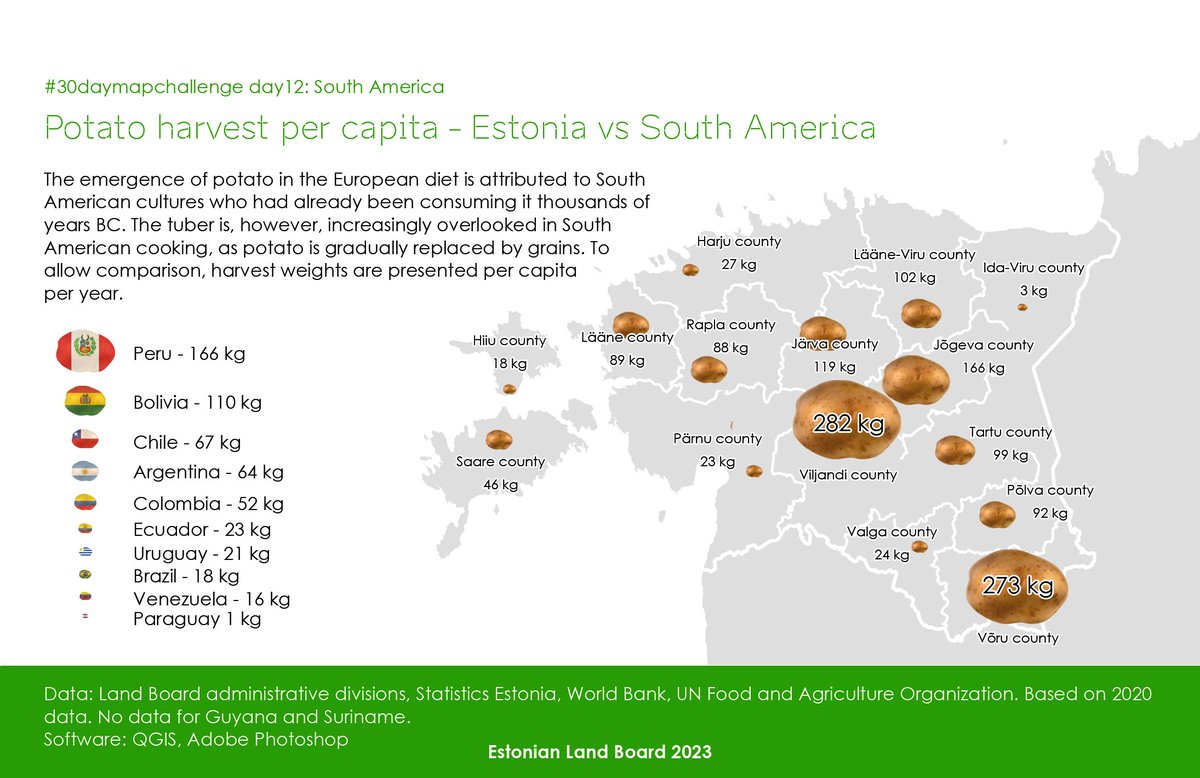 The worldwide #30DayMapChallenge has reached Estonian Land Board. Day 12 category: South America You might think that Estonians do not have much in common with South Americans but there is something that feels equally familiar both here and there - the potato.