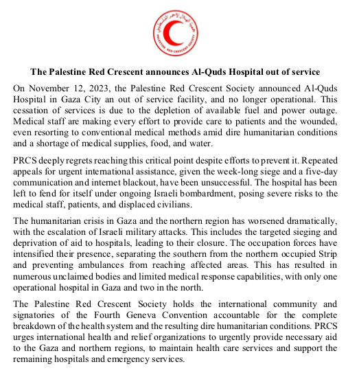 temoris's tweet photo. La Media Luna Roja Palestina acaba de anunciar que el Hospital Al Quds de Gaza ha dejado de funcionar por la falta de luz y electricidad, debida al bloqueo israelí, y a pesar de los repetidos pedidos de ayuda a la comunidad internacional. https://t.co/ihu5YE7qEQ