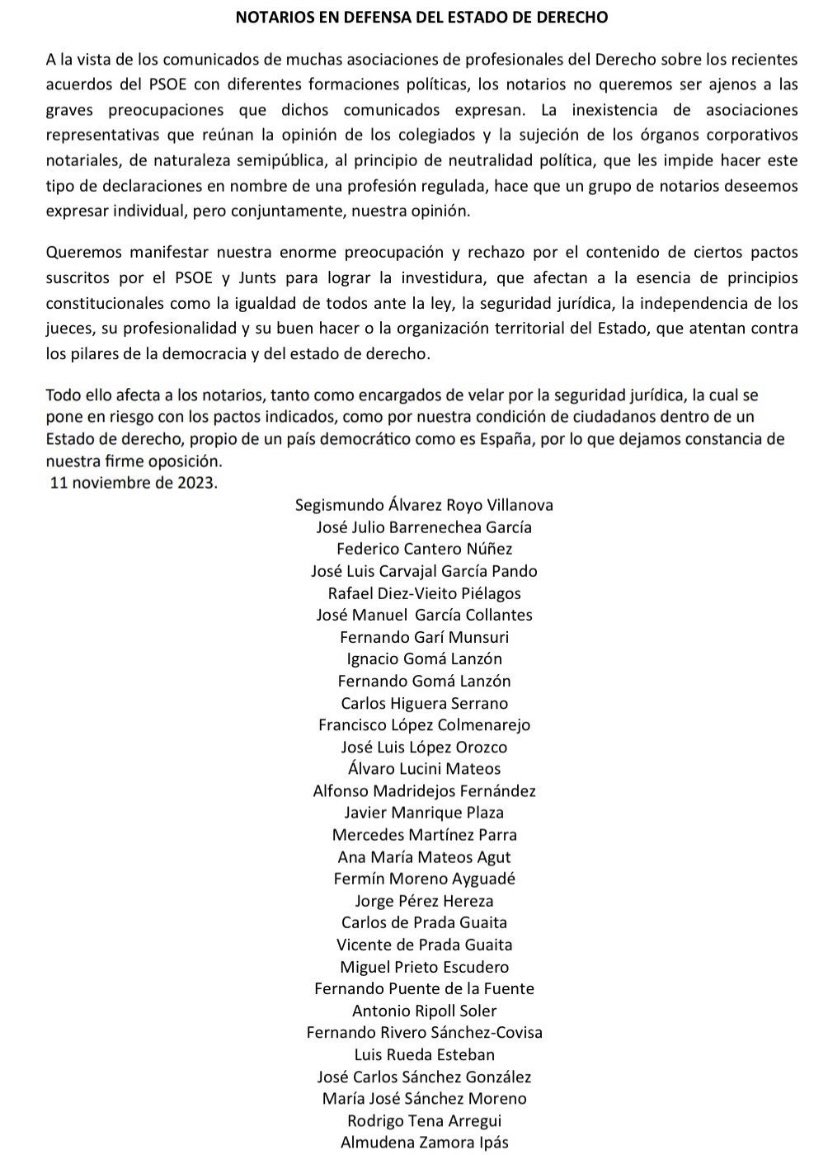 fjaranguren's tweet photo. Manifiesto de notarios en defensa del Estado de Derecho y los principios constitucionales de igualdad ante la ley, seguridad jurídica e independencia judicial y en contra de los pactos suscritos para la investidura que los ponen en peligro. Acabo de suscribirlo. https://t.co/YDtzM9Z8Z3