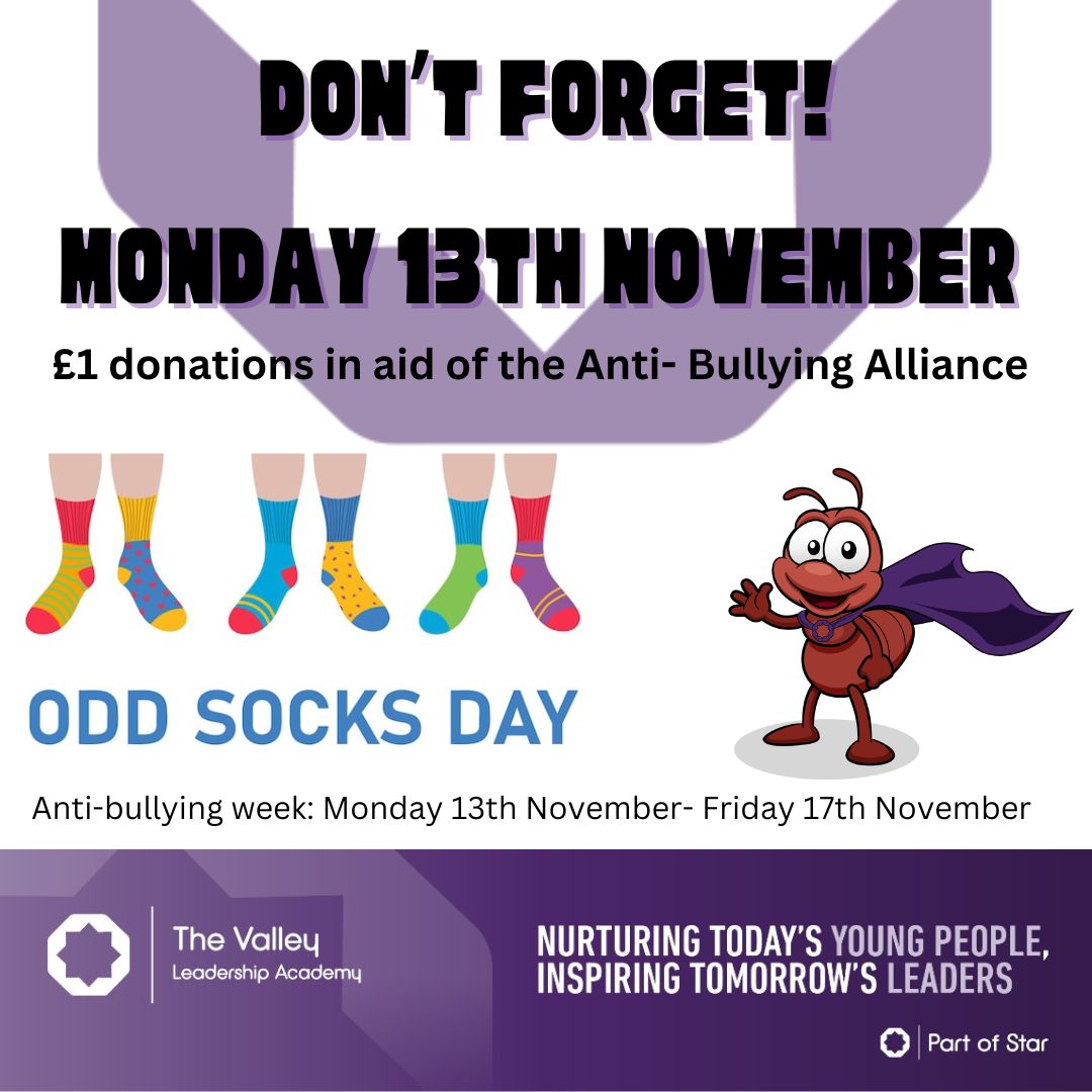 ValleyLAcademy's tweet photo. A reminder we will be supporting the
@ABAonline
Odd Socks Day tomorrow for the launch of Anti Bullying Week 2023! #AntiBullyingWeek #MakeANoise #WeAreStar #TheValleyWay https://t.co/ZsQ98s4gL2