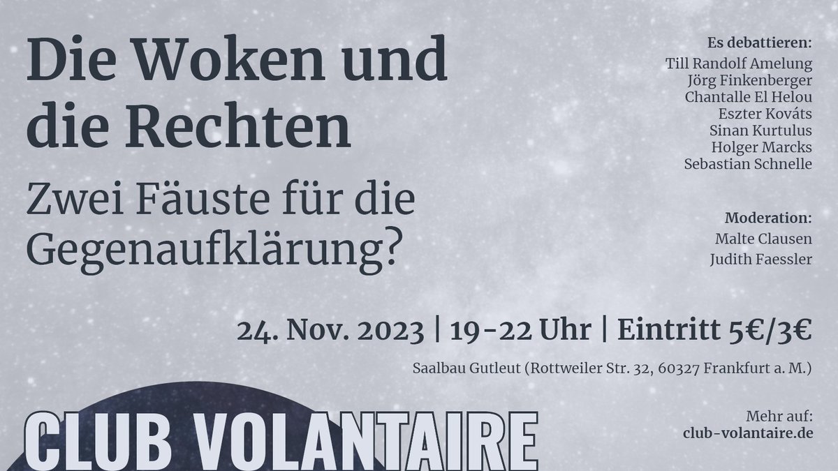 pferdaufmflur's tweet photo. Am 24. November gibt's was auf die Ohren. In Frankfurt am Main. Der @club_volantaire lädt dorthin zur Diskussion. Über sogenannte Wokeness. Ist das gut oder schlecht? Mit solchen Fragen hält man sich da zum Glück gar nicht erst auf. Man will es schon genauer wissen: Wie genau das Phänomen mit der (extremen) Rechten zusammenspielt, will man da in-depth diskutieren. 

Handelt es sich bei den Woken bloß um Akteure, die den Kräften von Rechtsaußen ungewollt in die Hände spielen, um »nützliche Idioten«, wie manche sagen? Oder stehen sie gar für eine Denkform, die regressive Momente mit dem Rechtsextremismus teilt – zum Leid der aufgeklärten, dialogfähigen Teile der Gesellschaft? Diese Fragen versuchen zahlreiche Diskutanten zu klären.

Mehr auf: https://t.co/3bQ4mhLRJm