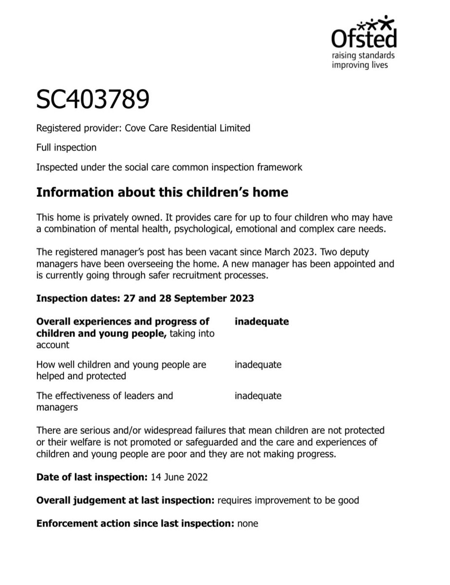 Ofsted uploaded inspection reports for 13 children’s homes yesterday. Six homes were judged inadequate or to require improvement, or are subject to special measures because of safeguarding concerns. 
This home in Worcestershire is run by the private company Cove Care.