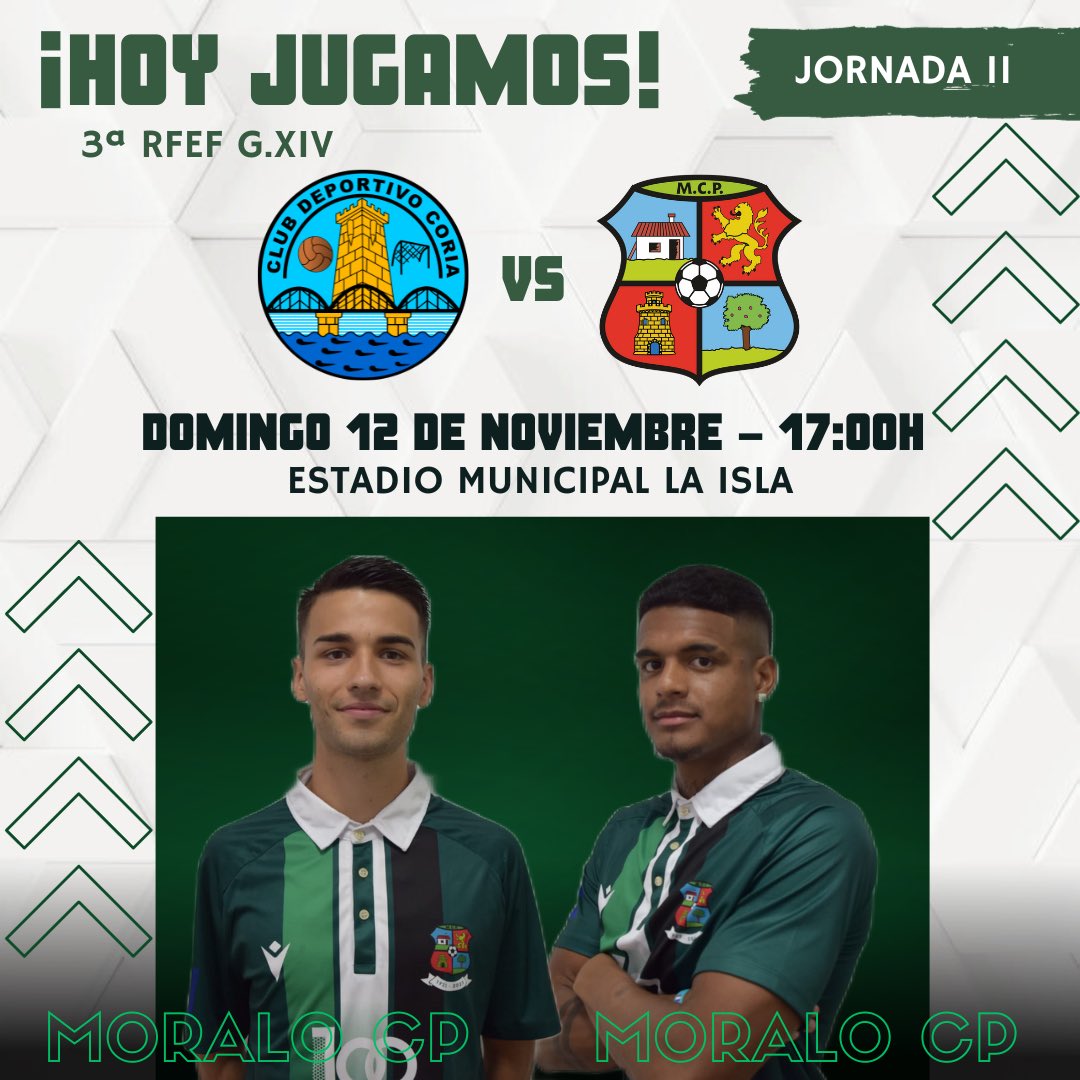 HOY JUGAMOS !!!⚽️

🆚 <a href="/CDCORIA/">Club Deportivo Coria</a> 
🏆 Jornada 11
🗓️ 12 de Noviembre
⏰ 17:00H
🏟️ Estadio Municipal La Isla

Ven y apoya a tu equipo !!!
#Halamoralo
💚