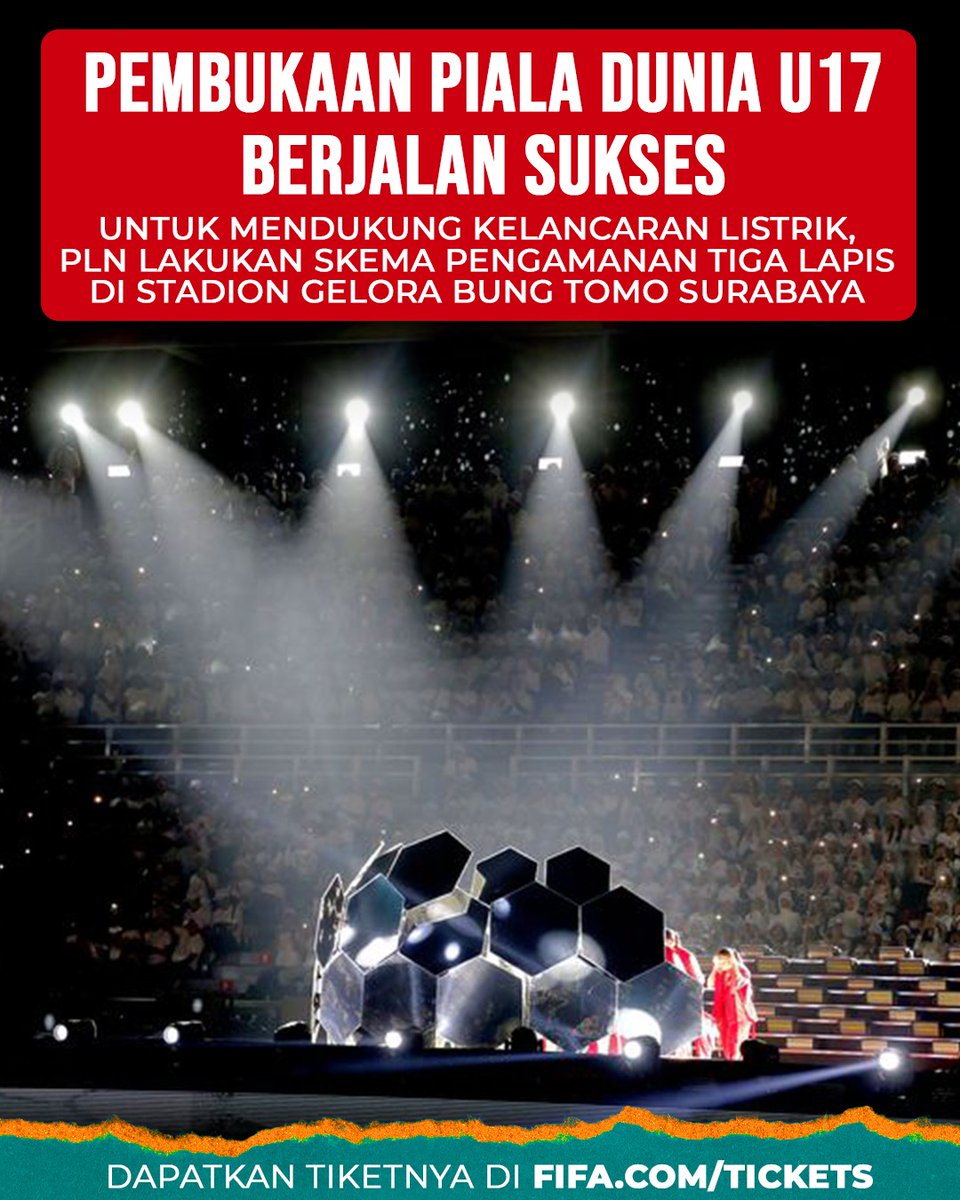 IndMatchday's tweet photo. Pembukaan Piala Dunia U17 berjalan sukses, untuk mendukung kelancaran listrik, PLN lakukan skema pengamanan tiga lapis di Stadion Gelora Bung Tomo , Surabaya. Tiketnya bisa di order lewat https://t.co/rbhGQYZN9O #U17Mendunia #PialaDuniaU17 #WorldCupU17 #TiketU17 https://t.co/rrmGmSIrd5